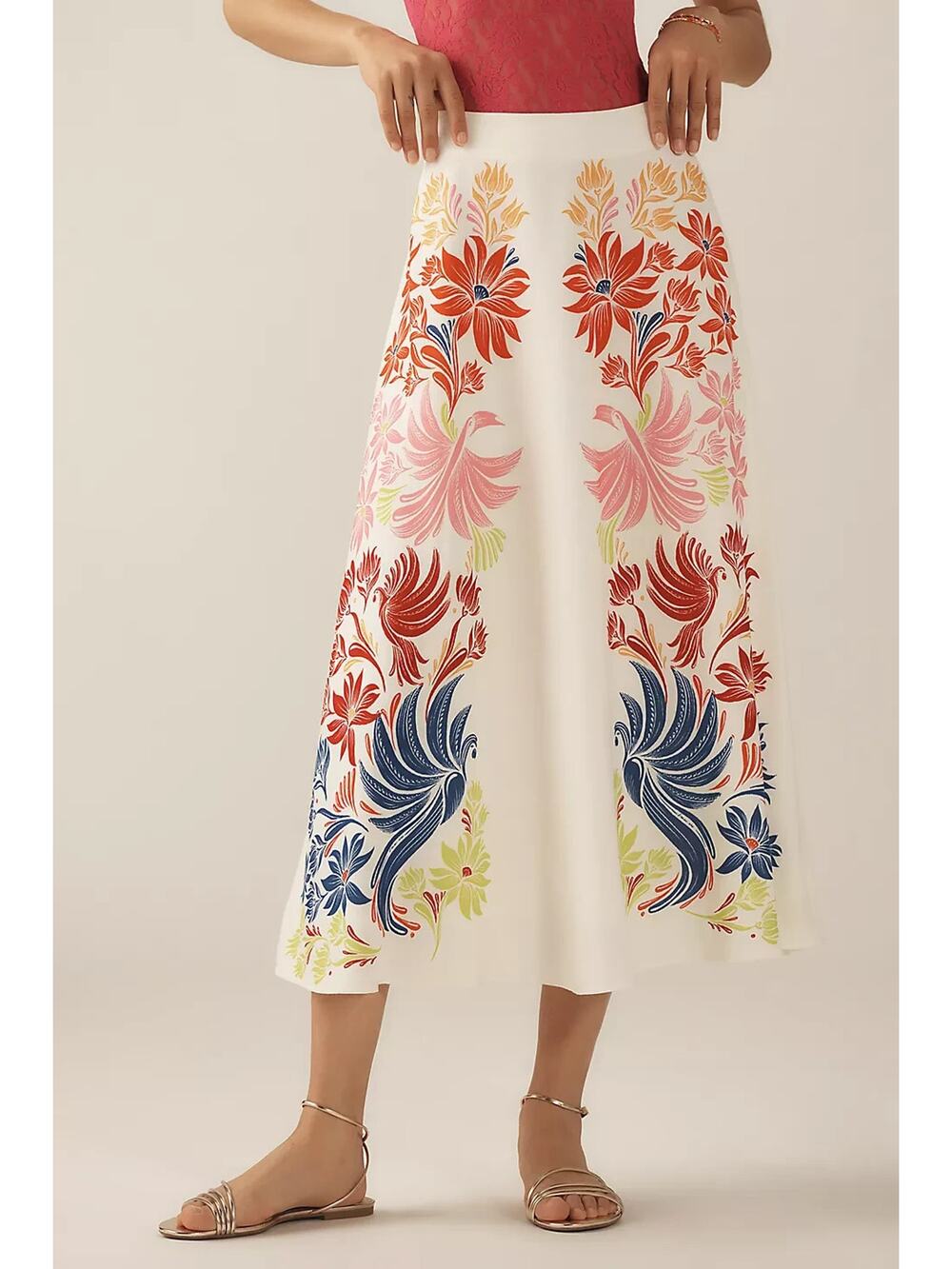 Farm Rio x Anthropologie White Midi Slip Skirt Small Floral Red Blue Womens